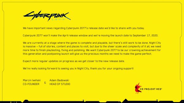 <br />
						Включайте Хатико: CD Projekt перенесла дату выхода Cyberpunk 2077<br />
					